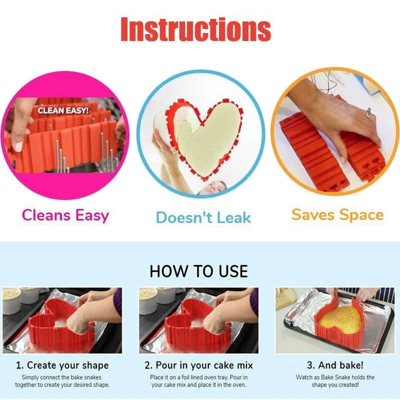 4 Pcs/Set Silicone Bakeware Magic Snake Cake Mold Pan DIY Baking Square Rectangular Heart Shape Round Cake Mould Pastry Tools - Walfos® Kitchenware