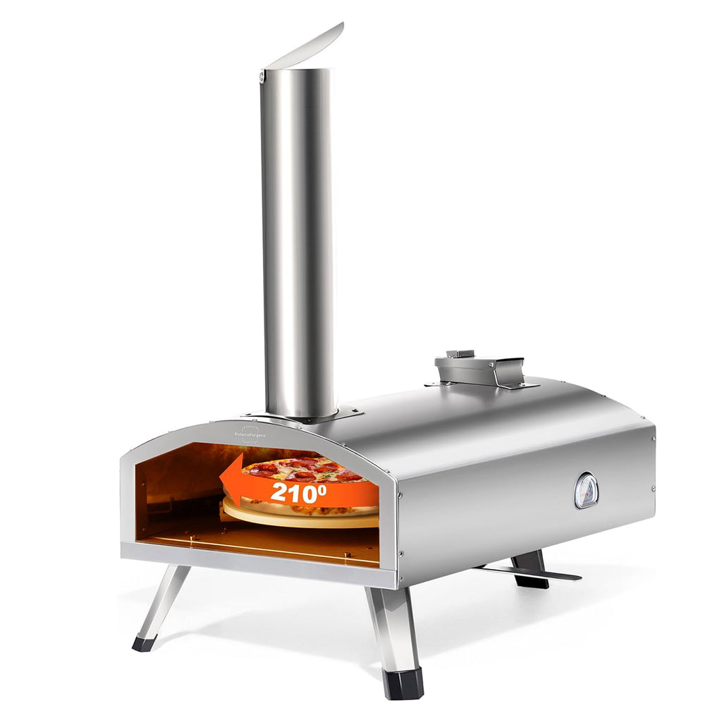 PolarcoForgeco Piec do pizzy na zewnątrz opalany drewnem - 12-calowy piec do pizzy na zewnątrz z obrotowym kamieniem do pizzy, przenośny piec do pizzy na pelety ze stali nierdzewnej do biwakowania na zewnątrz na podwórku - srebrny