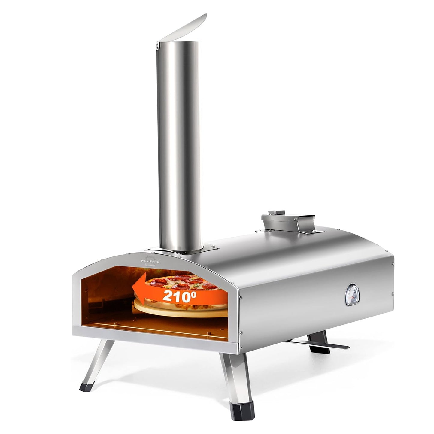 PolarcoForgeco Pizza Oven Outdoor Wood-Fired - 12 Inch Outdoor Pizza Oven with Rotatable Pizza Stone, Portable Stainless Steel Pellet Pizza Maker for Outside Backyard Camping - Silver