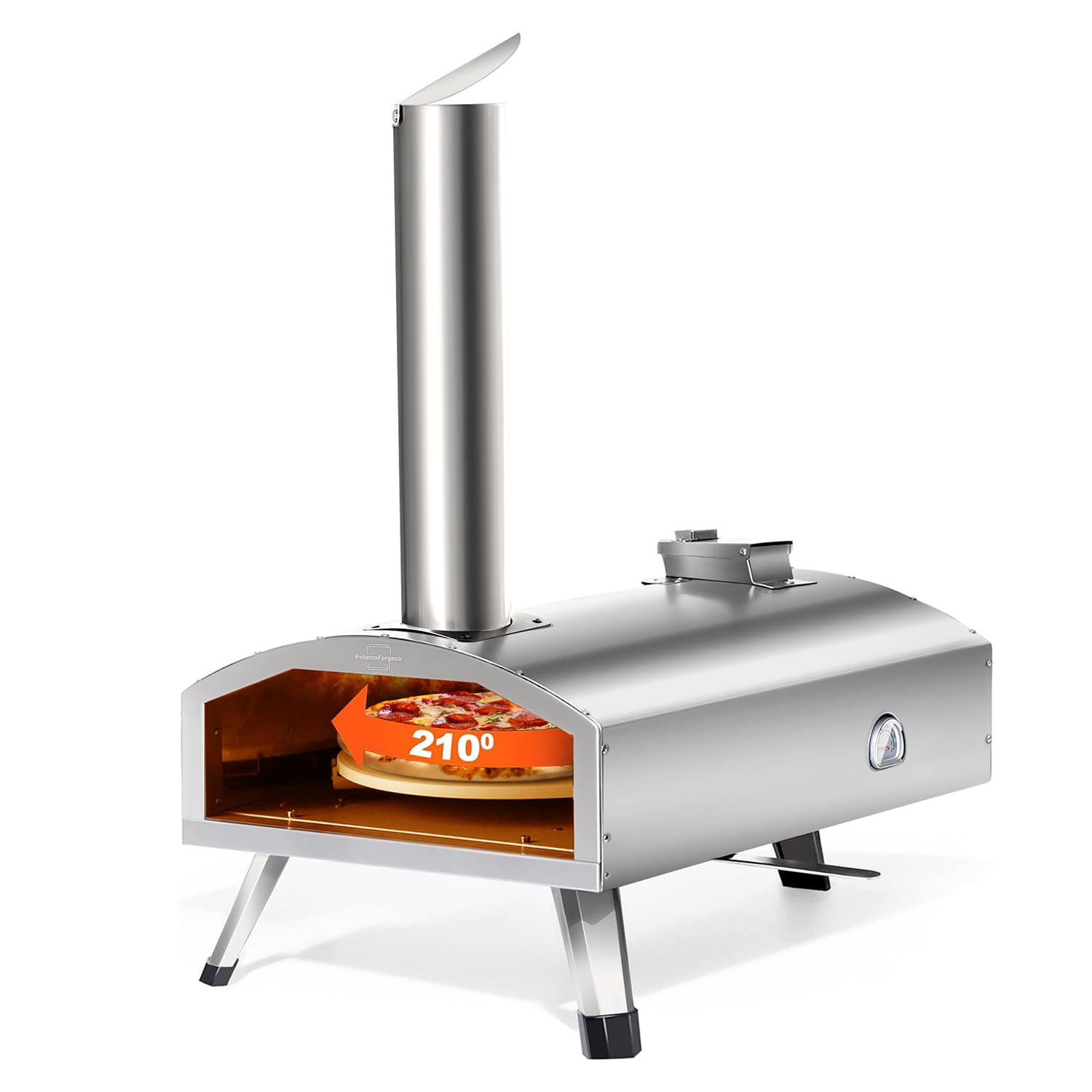 PolarcoForgeco Piec do pizzy na zewnątrz opalany drewnem - 12-calowy piec do pizzy na zewnątrz z obrotowym kamieniem do pizzy, przenośny piec do pizzy na pelety ze stali nierdzewnej do biwakowania na zewnątrz na podwórku - srebrny