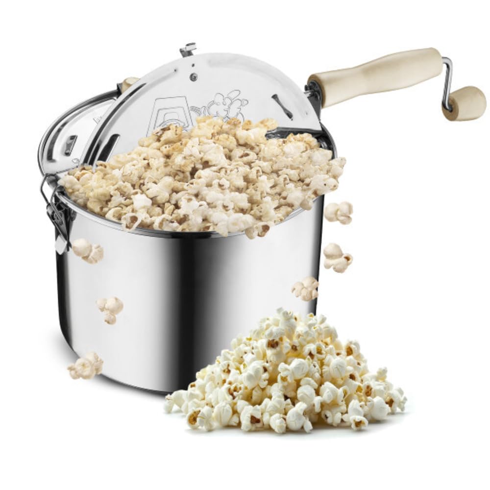 Stovetop Popcorn Maker - 6.5-Quart Stainless-Steel Popcorn Popper with a Hand Crank, Vented Lid, and Stir Paddle by Great Northern Popcorn (Silver)