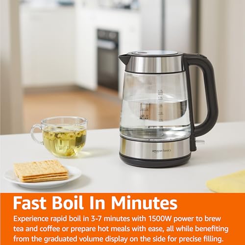 Czajnik elektryczny Amazon Basics Glass Carafe, 1,8 kwarty (1,7 l), 1500 W, bez BPA, czarny i srebrny