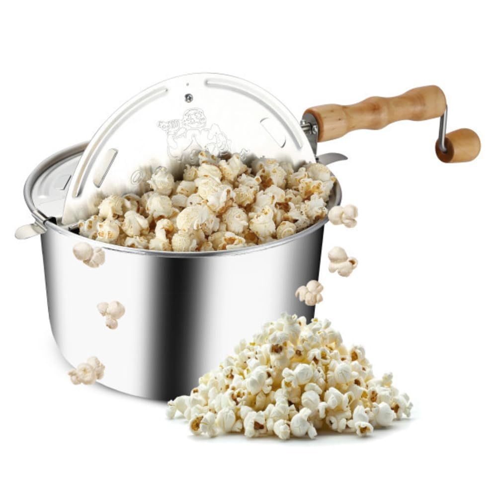 Stovetop Popcorn Maker - 6-Quart Aluminum Popcorn Popper with Hand Crank, Vented Lid, and Stir Paddle by Great Northern Popcorn (Silver)