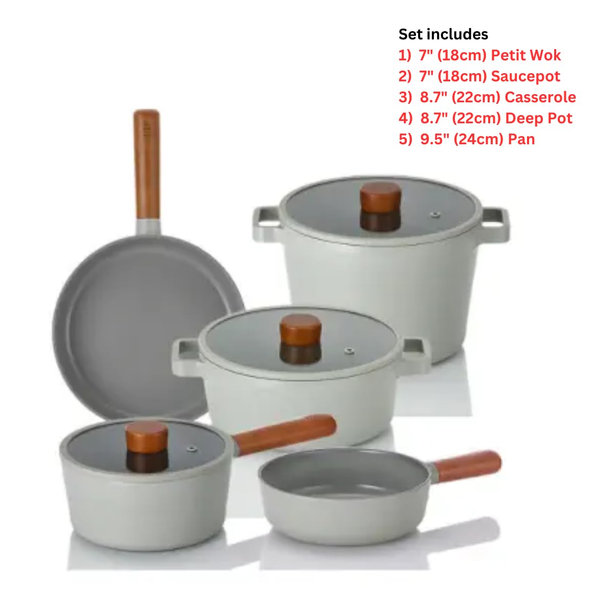 FIKA Kitchen Essential 8-Piece Nonstick Cookware Set, Healthy Cooking Pots with Lid and Pans with Wood Handle, Induction Compatible, Home Deco Gray Color, Made in Korea