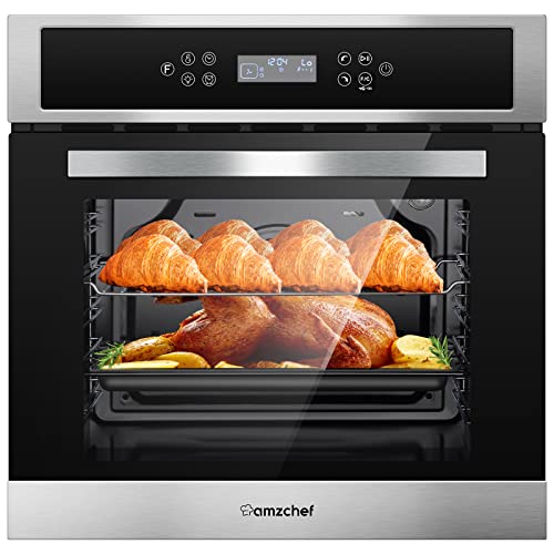 AMZCHEF Single Wall Oven 24" Built-in Electric Ovens with 11 Functions, 8 Automatic Recipes, 2800W, 240V, 2.5Cu.f Convection Wall Oven in Stainless Steel, Touch Control, Timer, Safety Lock,Upgraded