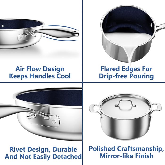 Nuwave Pro-Smart 9pc Stainless Steel Cookware Set, Healthy Duralon Blue Non-Stick Ceramic Coating, Heavy-Duty Tri-Ply Construction, Ergonomic Stay-Cool Handles, Induction-Ready & Works on All Cooktops