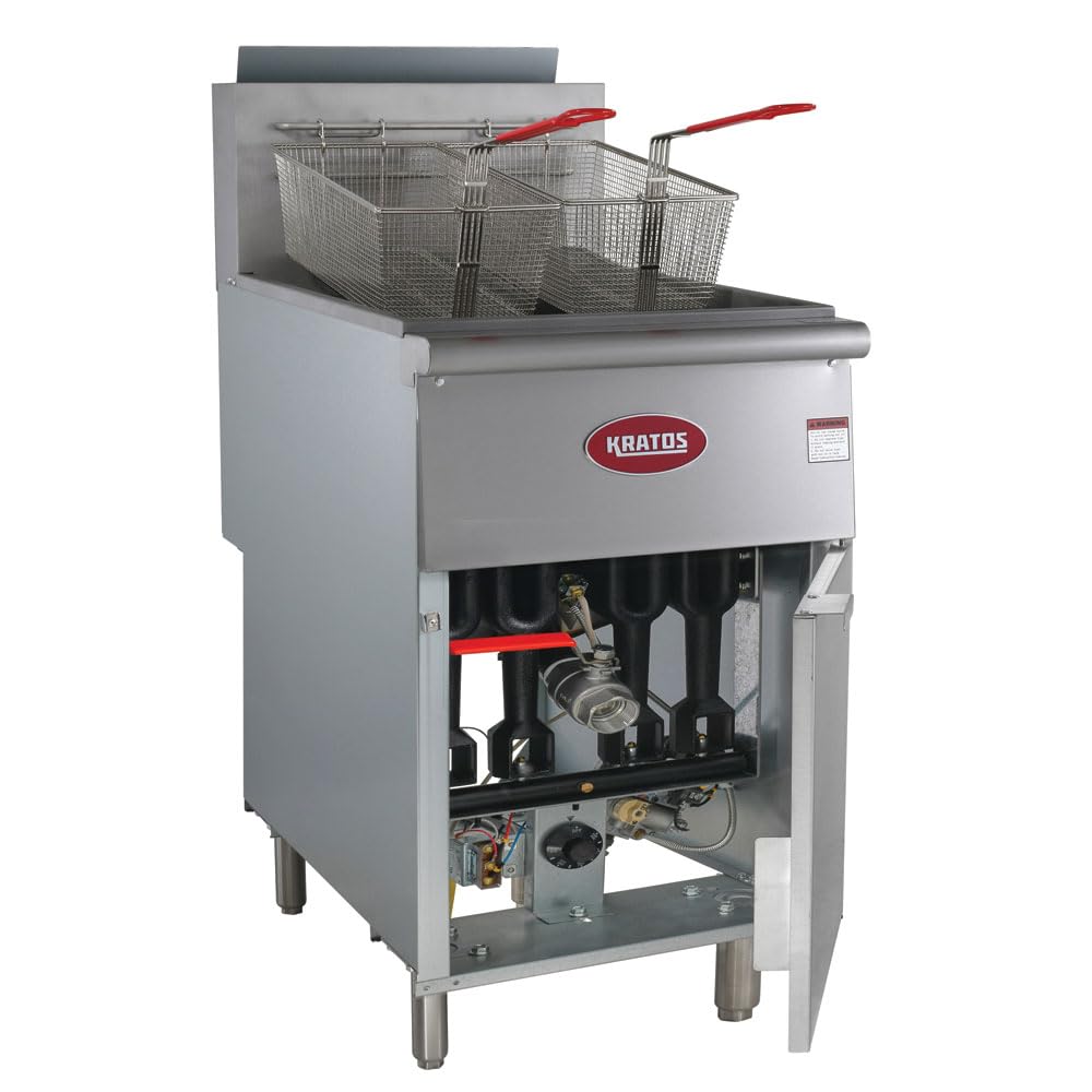 Kratos Commercial Gas Floor Deep Fryer (Gas) - 70-100 lb. Oil Capacity, 5 Heating Tubes, 150,000 BTU, Stainless Steel with 2 Fryer Baskets (29Y-012-NAT)