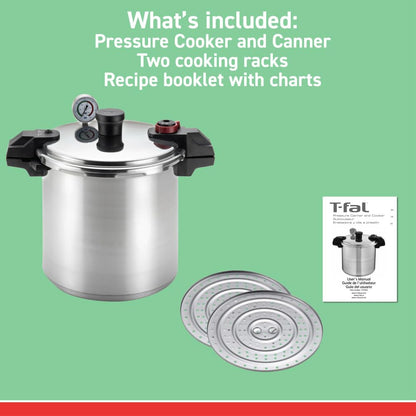 T-fal Pressure Cooker Aluminum Pressure Canner, 22 Quart, 3 PSI Settings, Cookware, Pots and Pans, Large Capacity, Cooling Racks, Recipe Booket, Canning Vegetables, Meats, Poultry, Seafood, Silver