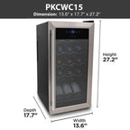nutrichef 15 Bottle Fridge | Red and White Chiller | Adjustable Temp Control 41°F to 64°F | Ultra Quiet Operation | Mini Wine Cooler Built for Home, Office, Kitchen Counter, 27x13x17, Stainless Steel