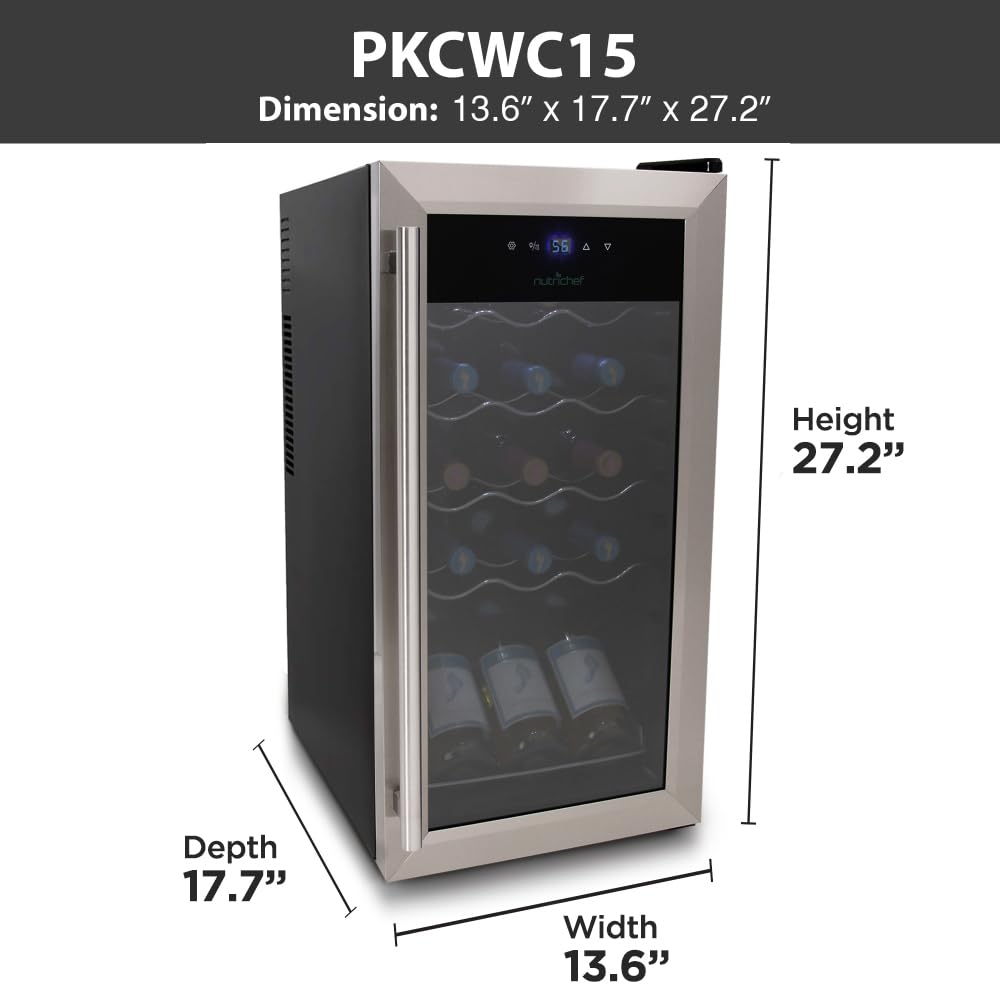 nutrichef 15 Bottle Fridge | Red and White Chiller | Adjustable Temp Control 41°F to 64°F | Ultra Quiet Operation | Mini Wine Cooler Built for Home, Office, Kitchen Counter, 27x13x17, Stainless Steel