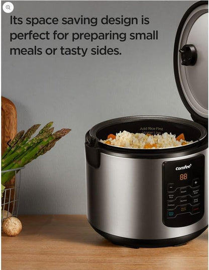 COMFEE' Compact Rice Cooker, 6-in-1 Stainless Steel Multi Cooker, Slow Cooker, Steamer, Saute, and Warmer, 2 QT, 8 Cups Cooked(4 Cups Uncooked), Brown Rice, Quinoa and Oatmeal, 6 One-Touch Programs