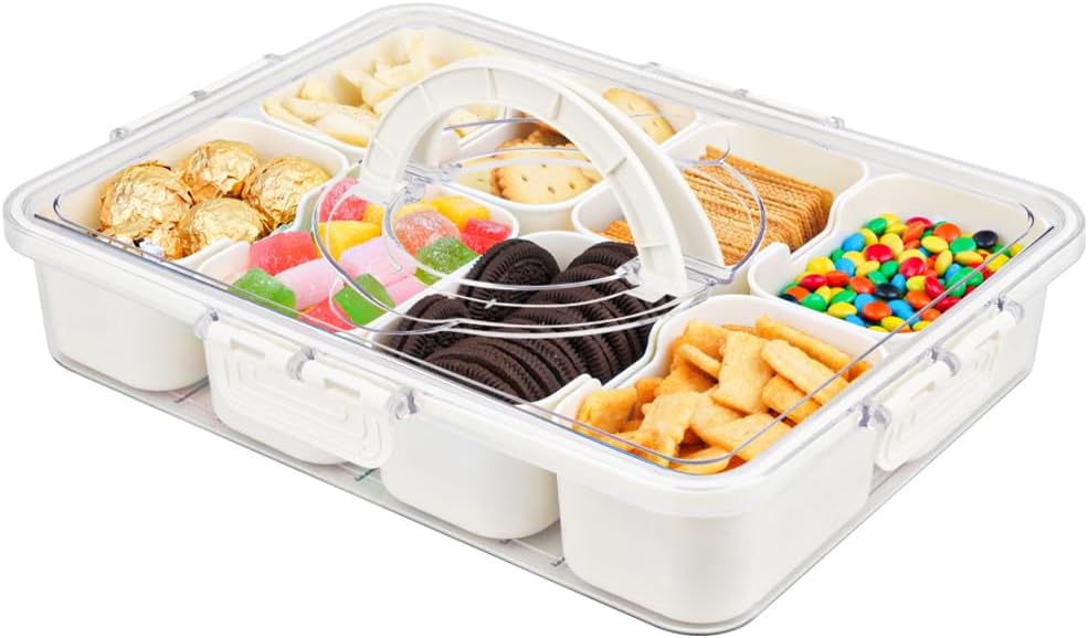 Snackle Box Container, 3rd Gen Vegetable Tray with Lid, Divided Serving Tray with Lid and Handle, 8 Compartment Veggie Platter, Snack Box Container, Food Organizer for Nuts, Candy, Fruits