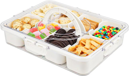 Snackle Box Container, 3rd Gen Vegetable Tray with Lid, Divided Serving Tray with Lid and Handle, 8 Compartment Veggie Platter, Snack Box Container, Food Organizer for Nuts, Candy, Fruits