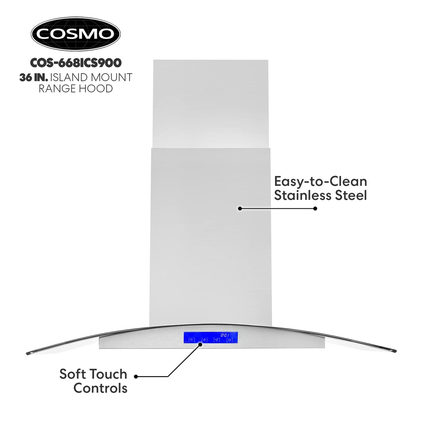 COSMO COS-668ICS900 36 in. Lumin Collection 380 CFM Ducted Island Range Hood, Soft Touch Controls, LED Lights, Stainless Steel