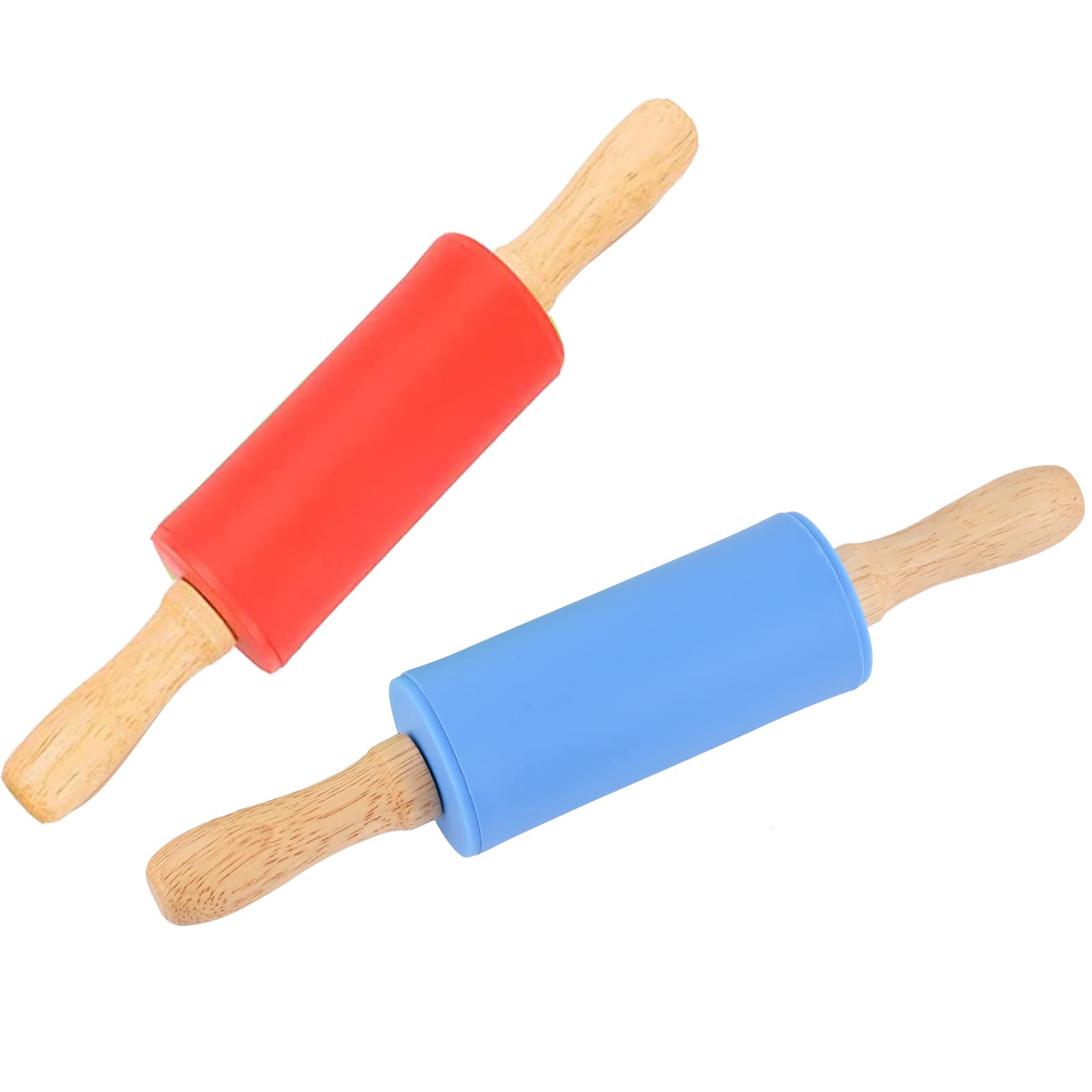 Mini Silicone Rolling Pin for Kids, Non-stick Surface Wood Handle, 9 Inch 2 Pack