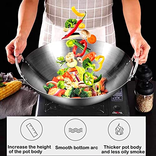 Large Stainless Steel Wok - Uncoated Chinese Non-Stick Wok & Stir-Fry Pans, Thickened Round Bottom Double Ear Wok for All Stoves,40cm ()