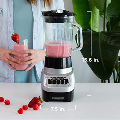 BLACK+DECKER PowerCrush Countertop Blender, 6-Cup Glass Jar, For Smoothies and More, Stainless Steel Blade, 4 Speed Settings to Puree, Crush Ice, Chop, Dice, and Pulse, Dishwasher Safe, 700W Motor