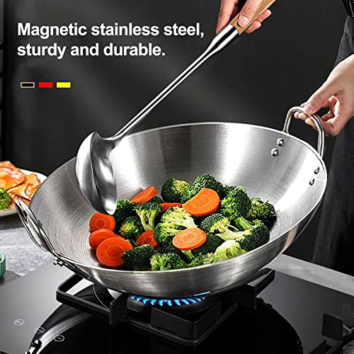 Large Stainless Steel Wok - Uncoated Chinese Non-Stick Wok & Stir-Fry Pans, Thickened Round Bottom Double Ear Wok for All Stoves,40cm ()