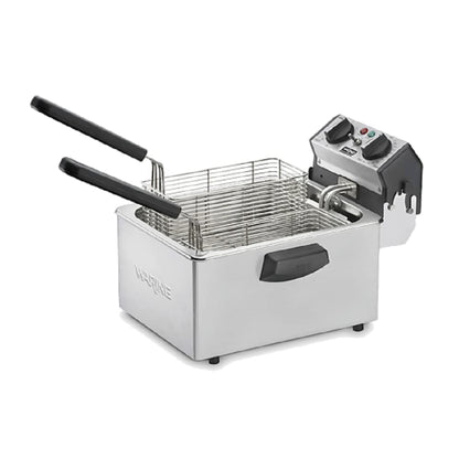 Waring Commercial WDF75RC Heavy Duty 8.5 lb double basket deep fryer, includes 4 twin baskets & 2 night covers - 1800w, 120V, 5-20 Phase Plug, Silver