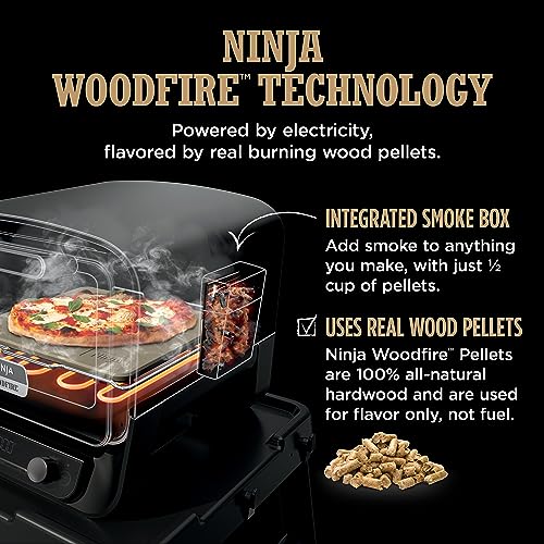 Ninja Woodfire Outdoor Pizza Oven, 8 w 1 przenośny elektryczny piec do pieczenia, nagrzewa się do 700°F, 5 ustawień pizzy Artisan, zintegrowana wędzarnia BBQ, zawiera aromatyzowane peletki drzewne, terakota czerwona