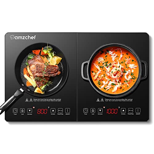 Double Induction Cooktop AMZCHEF Induction Cooker 2 Burners, Low Noise Electric Cooktops With 1800W Sensor Touch, 20 Temperature & Power Levels,Independent Control,3-hour Timer, Safety Lock