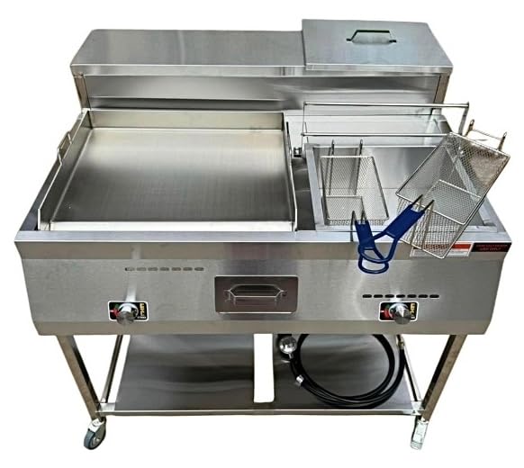 Gas Shark Deep Fryer and Griddle Cart | 20" Griddle | 30 lb 3.5 Gallon Single Tank Deep Fryer | 2 Fryer Baskets | Serving Shelf | Outdoor Propane | Stainless Steel | Portable for Commercial & Home Use