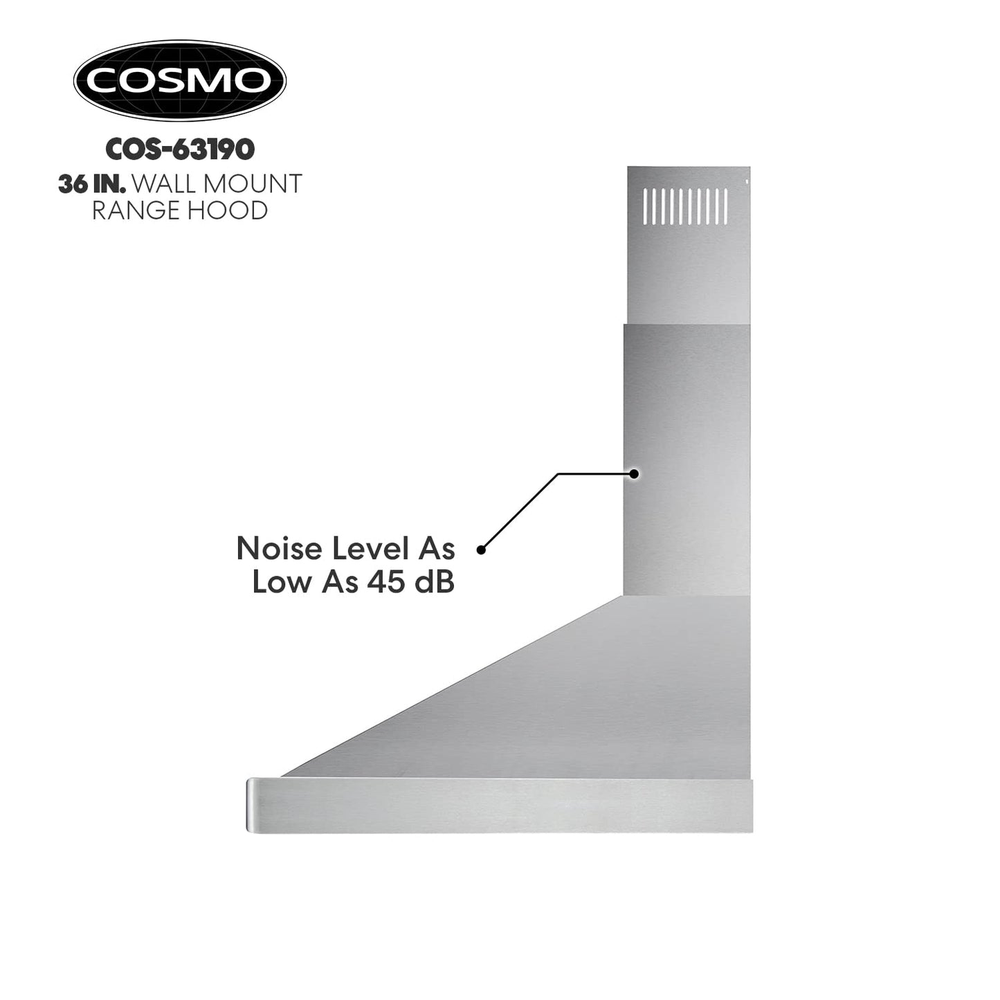 COSMO COS-63190 36 in. Vista Collection 380 CFM Ducted Wall Mount Range Hood, Button Controls, LED Lights, Stainless Steel