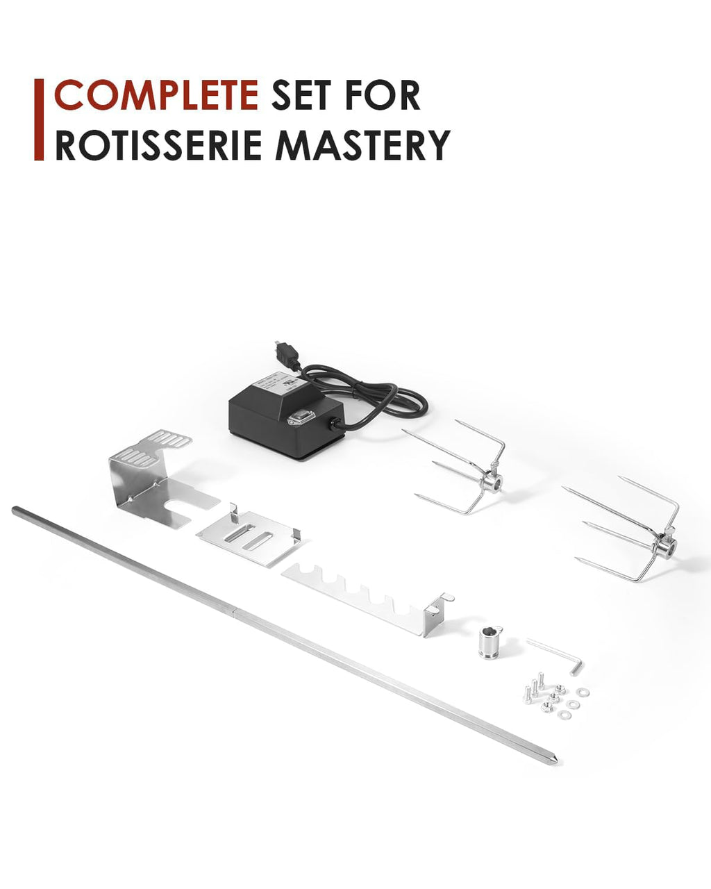 Zestaw do grilla rożenowego, automatyczny obrotowy grill, uniwersalne rożna grillowe z certyfikatem UL z silnikiem 120 V 4 W, prętem do rożna 28”, widelcami 2 x 4, kompletnymi uchwytami i śrubą mocującą do ogrodu i na zewnątrz