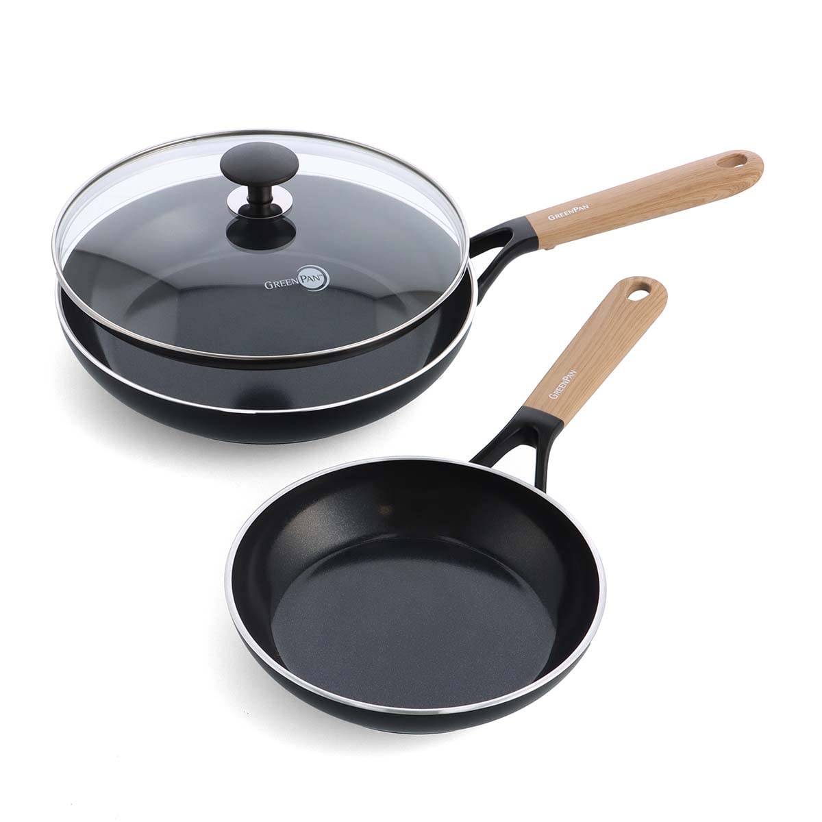 GreenPan SmartShape Healthy Ceramic Nonstick 3-Piece Frypan Set, PFAS-Free, Dishwasher Safe, Light Wood