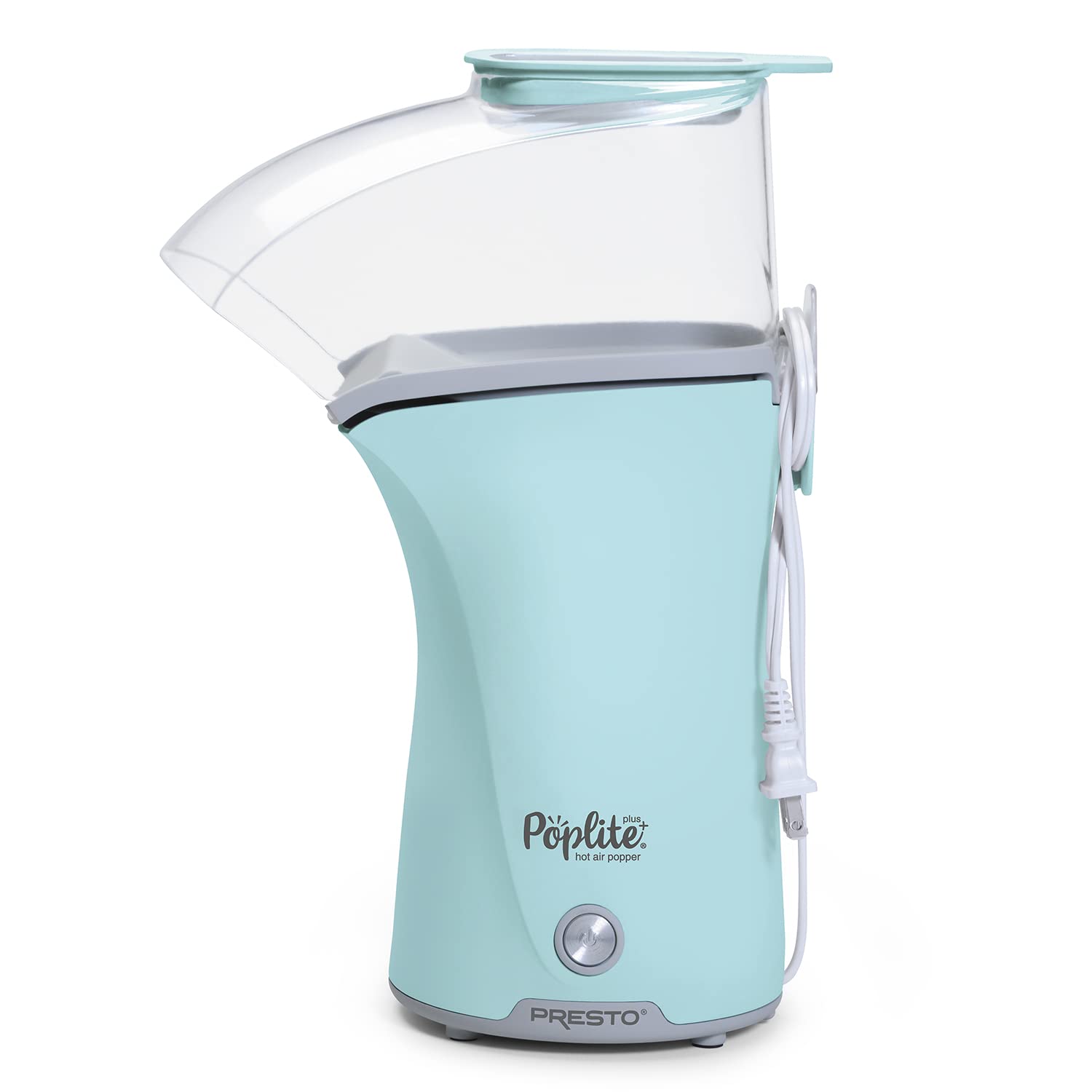 Presto 04867 Poplite Plus Hot Air Popcorn Popper - Wbudowana miarka + Roztapia masło, Łatwe czyszczenie, Wbudowany zwijacz przewodu, 18 filiżanek, Aqua