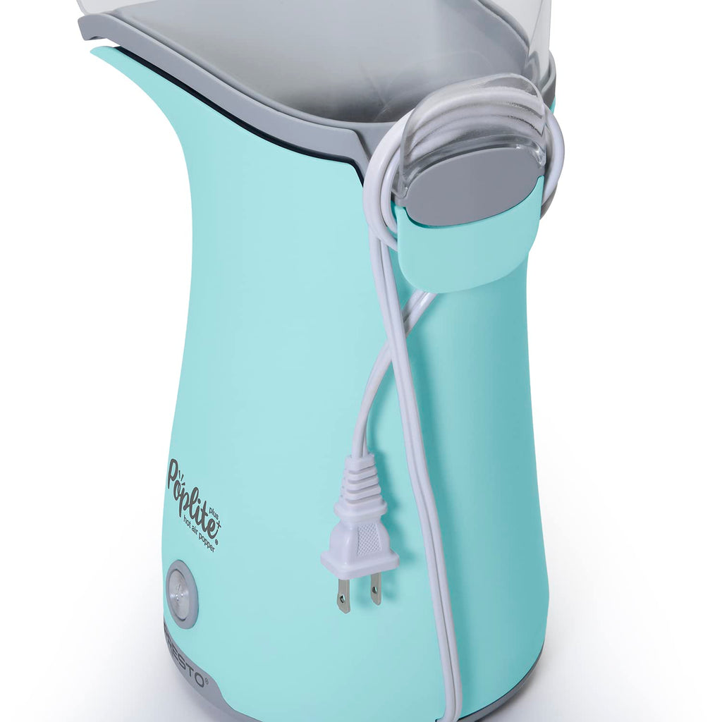 Presto 04867 Poplite Plus Hot Air Popcorn Popper - Wbudowana miarka + Roztapia masło, Łatwe czyszczenie, Wbudowany zwijacz przewodu, 18 filiżanek, Aqua