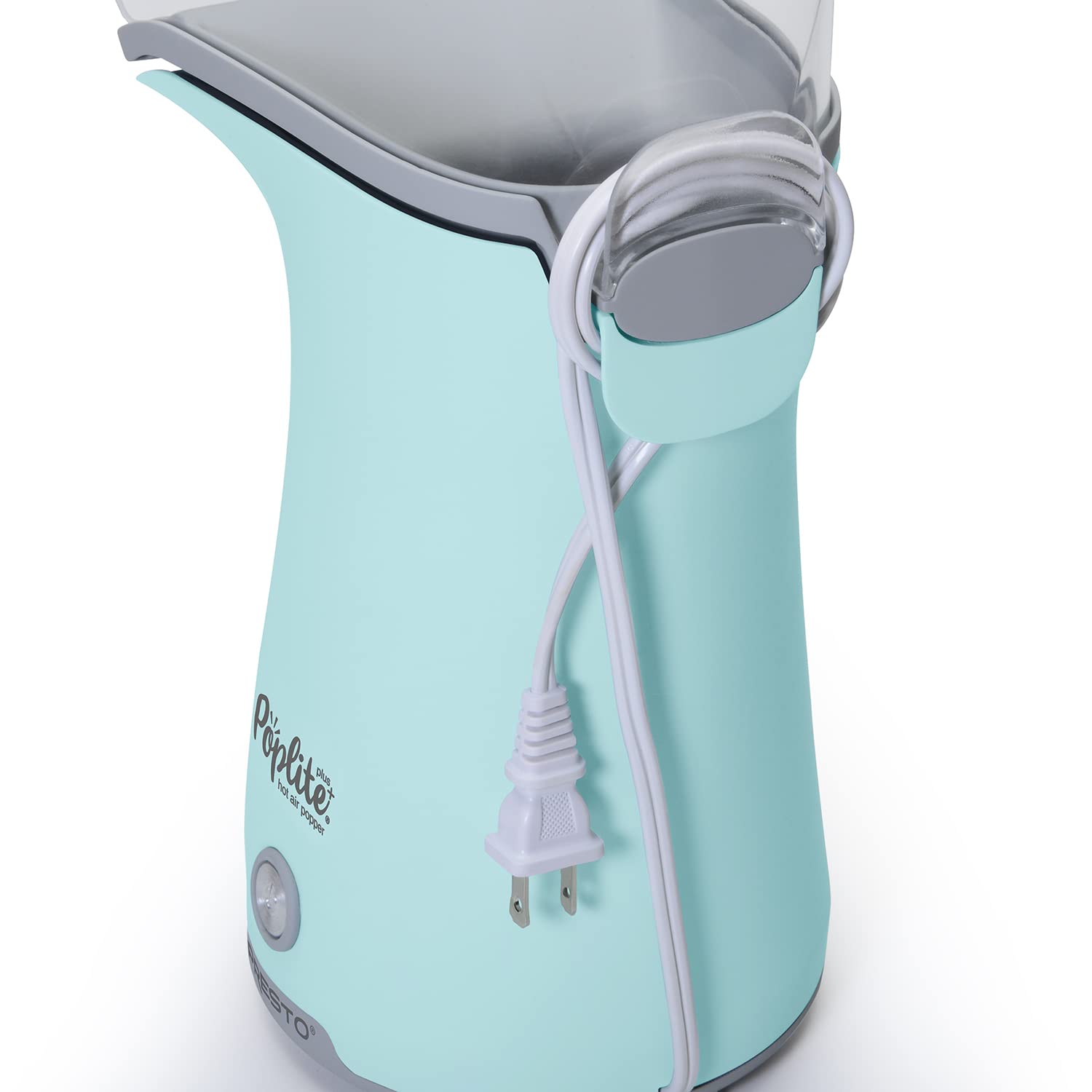 Presto 04867 Poplite Plus Hot Air Popcorn Popper - Wbudowana miarka + Roztapia masło, Łatwe czyszczenie, Wbudowany zwijacz przewodu, 18 filiżanek, Aqua
