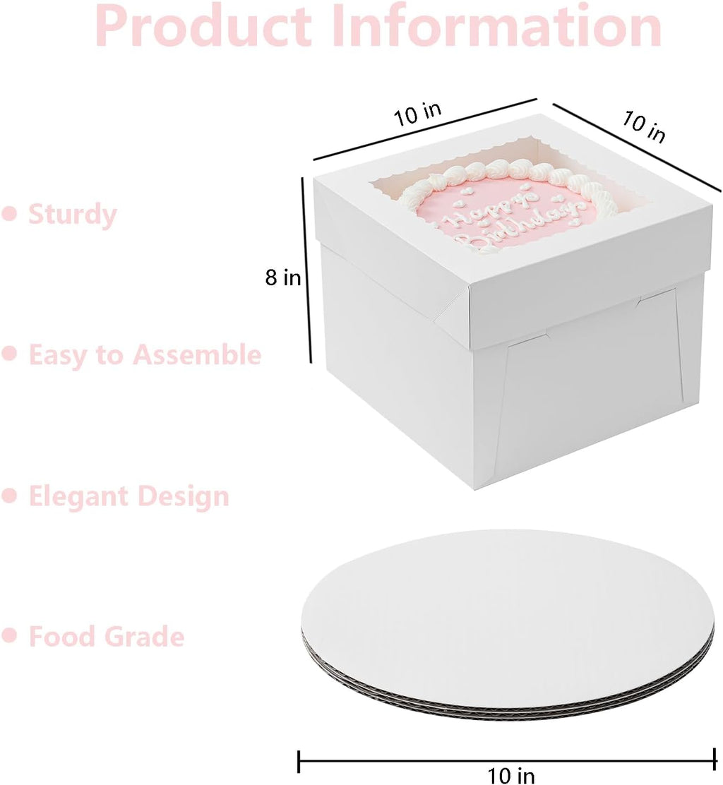 3 Pack Cake Boxes, 10x10x8 Inches Tall Cake Box with Cake Boards, White Bakery Boxes with Window, Disposable Cake Containers with Lids for Cake, Donuts, Pies, Cookies, Wedding, Birthday, Party