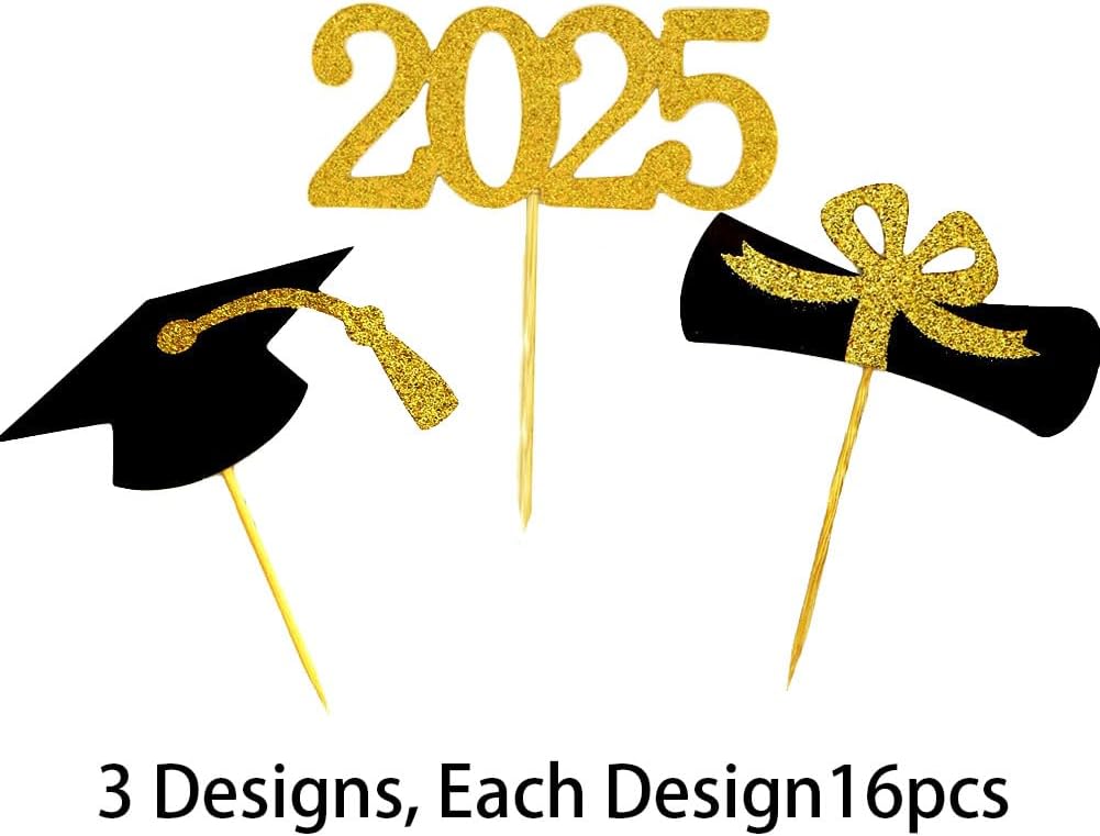 2025 Graduation Cupcake Toppers, 48 PCS Food/Appetizer Picks For Graduation Party Mini Cake Decorations, Diploma, 2025, Grad Cap Set 48 Pieces (01 Gold)