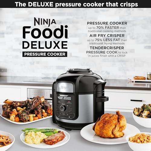 Ninja FD401 LP3 Foodi 12 w 1 Deluxe XL 8 qt. Szybkowar i frytkownica powietrzna, która gotuje na parze, wolno gotuje, przypieka, smaży, suszy i nie tylko, z 5 qt. Koszem na chrupiące produkty, odwracalną półką i książką kucharską, srebrny