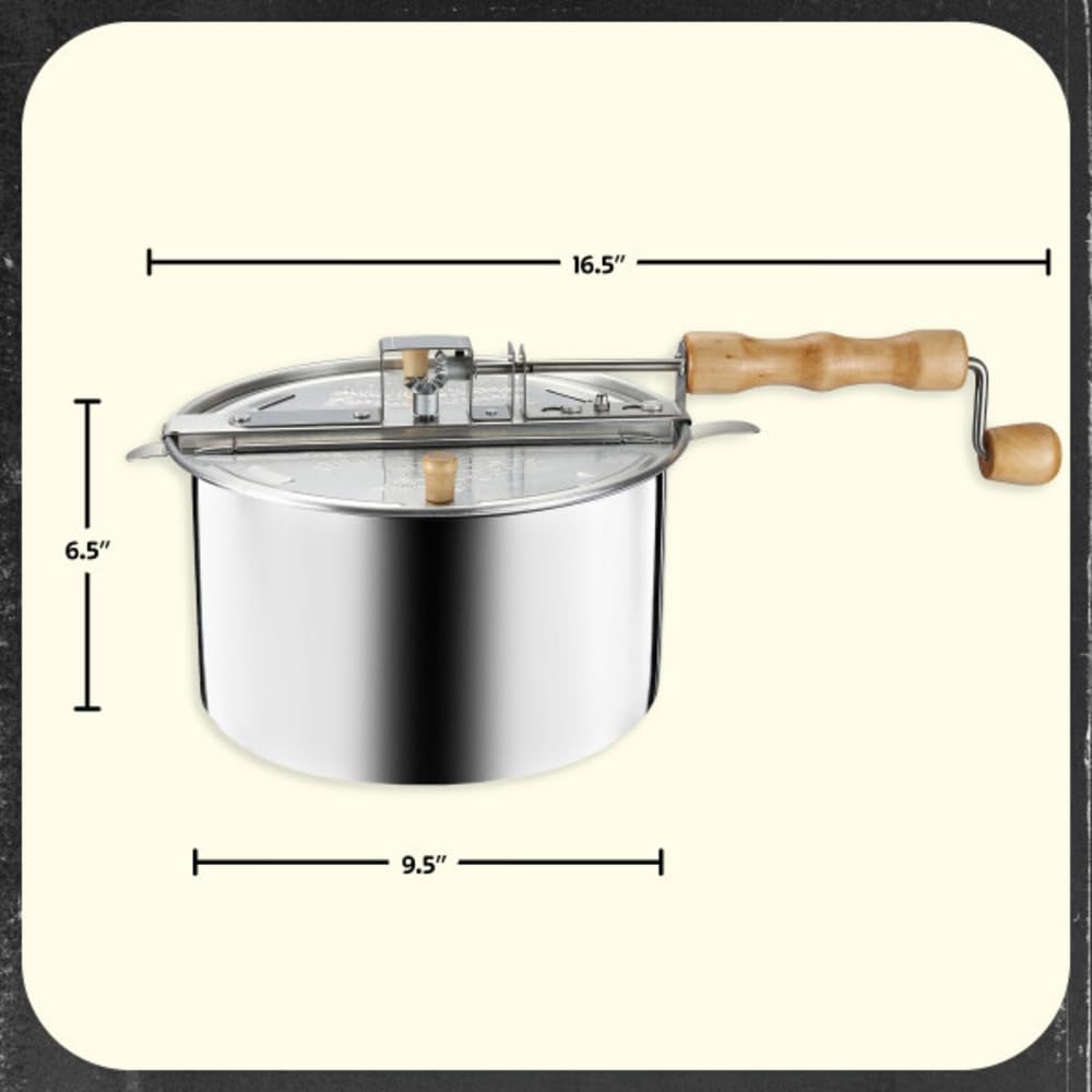 Maszyna do popcornu na kuchence - 6-kwartowa aluminiowa maszynka do popcornu z korbą ręczną, pokrywką z otworem wentylacyjnym i mieszadłem firmy Great Northern Popcorn (srebrna)