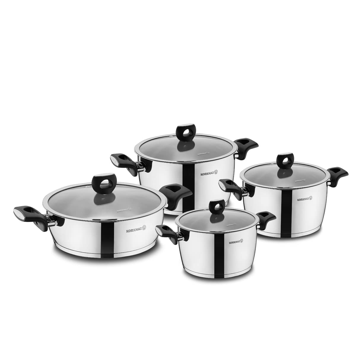 korkmaz Nora Cookware Set with Tempered Glass Lids and Bakelite Handles, 8-Piece Kitchen Polished Chef's Classic Modern Stainless Steel Pots Collection, Induction Compatible, Dishwasher Safe, Silver