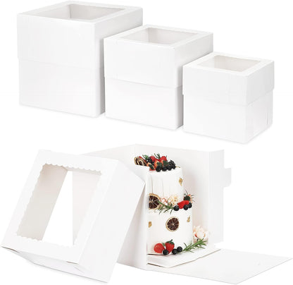 Moretoes 12 Pcs Cake Box, Tall Cake Boxes with Window in 3 Sizes 12x12x12 10x10x10 8x8x8 Inches, Bakery Boxes Disposable Carrier Take Out Container, 2 or 3 Tier for Valentine's Day Mother's Day