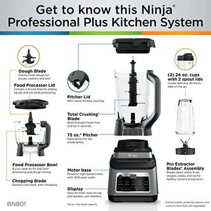 Ninja BN801 Professional Plus Kitchen System, 1400 WP, 5 Functions for Smoothies, Chopping, Dough & More with Auto IQ, 72-oz.* Blender Pitcher, 64-oz. Processor Bowl, (2) 24-oz. To-Go Cups, Grey