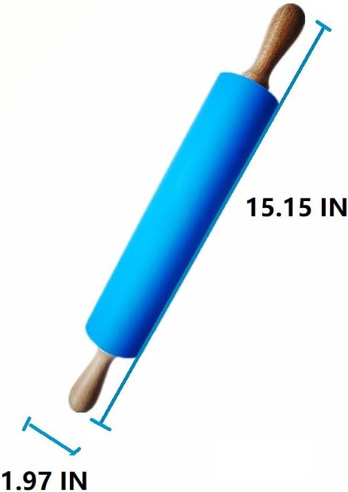 Silicone Rolling Pin Non Stick Surface Wooden Handle (Blue)
