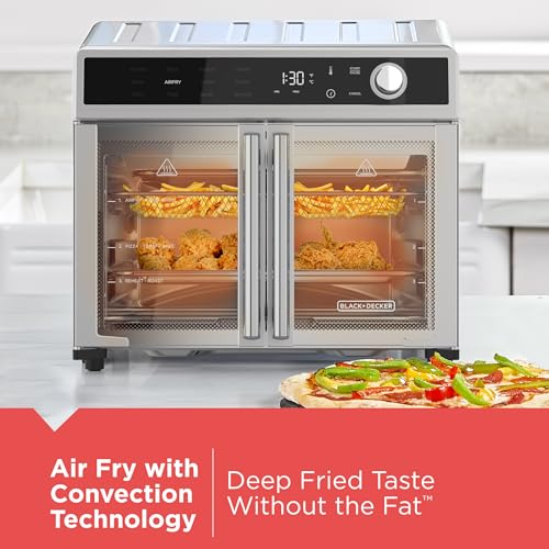 BLACK+DECKER Crisp 'N Bake Air Fryer Toaster Oven Combo, 12 in 1 Countertop Convection Oven Cooks Food Fast, Fits a Whole Pizza or 6 Toast Slices, French Doors with Stainless Steel Finish