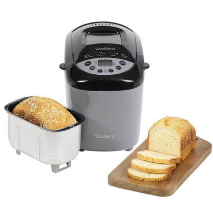 West Bend 47413 Hi-Rise Programmable Bread Maker Machine with Horizontal Dual Blade and 12 Programs, Including Gluten Free Mode, 3 Lb, Gray