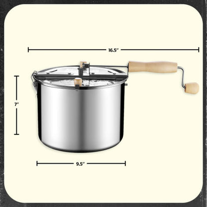 Stovetop Popcorn Maker - 6.5-Quart Stainless-Steel Popcorn Popper with a Hand Crank, Vented Lid, and Stir Paddle by Great Northern Popcorn (Silver)