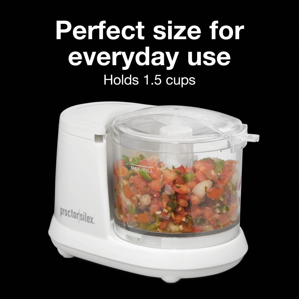 Proctor Silex Durable Electric Vegetable Chopper & Mini Food Processor for Chopping, Puree & Emulsify, 1.5 Cup, 1.5 cups, White