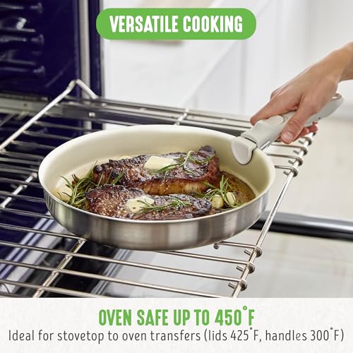 GreenLife Click 10-Piece Stainless Steel TriPly Cookware Set, Ceramic Nonstick Interior Coating, Detachable Handle, Stackable Space Saving, PFAS-Free Pots & Pans, Induction & Oven Safe, Glass Lid