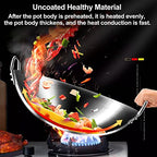 Large Stainless Steel Wok - Uncoated Chinese Non-Stick Wok & Stir-Fry Pans, Thickened Round Bottom Double Ear Wok for All Stoves,40cm ()