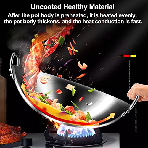 Large Stainless Steel Wok - Uncoated Chinese Non-Stick Wok & Stir-Fry Pans, Thickened Round Bottom Double Ear Wok for All Stoves,40cm ()