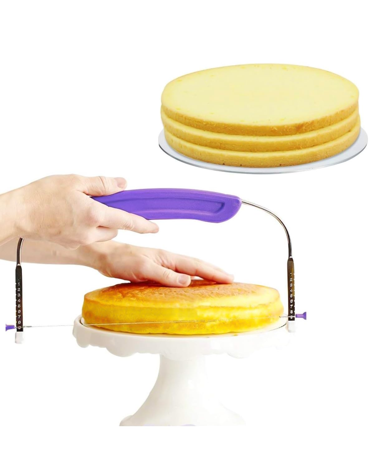 Adjustable 2- wire Cake Slicer Leveler Small Cake Cutter Slicer for Leveling Tops of Layer Cakes Professional Baking Tool with Stainless Steel Wires and Purple Handle By Prokitchen