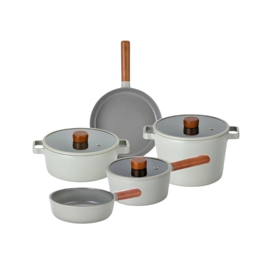 FIKA Kitchen Essential 8-Piece Nonstick Cookware Set, Healthy Cooking Pots with Lid and Pans with Wood Handle, Induction Compatible, Home Deco Gray Color, Made in Korea