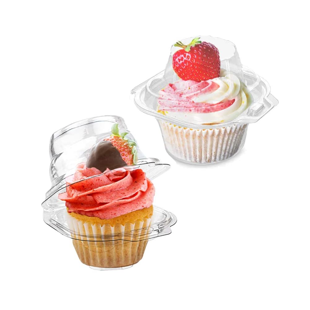 50 Pcs Cupcake Boxes Plastic Individual Cupcake Containers Single Cupcake Carrier with Connected Airtight Dome Lid for Party